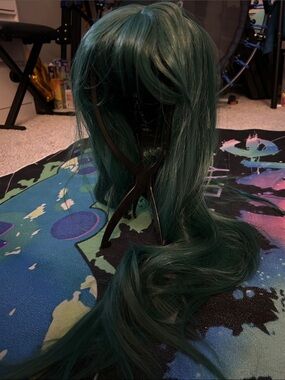 Green Long Synthetic Wig with Bangs - Women Hair
